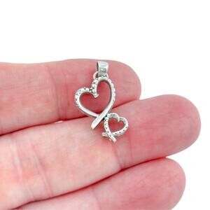 Vintage Sterling Silver 925 Double Heart Pendant with Diamond Accent